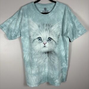 The Mountain Adult Large Blue Tie Dye Crew Neck Kitten Face Short Sleeve Shirt